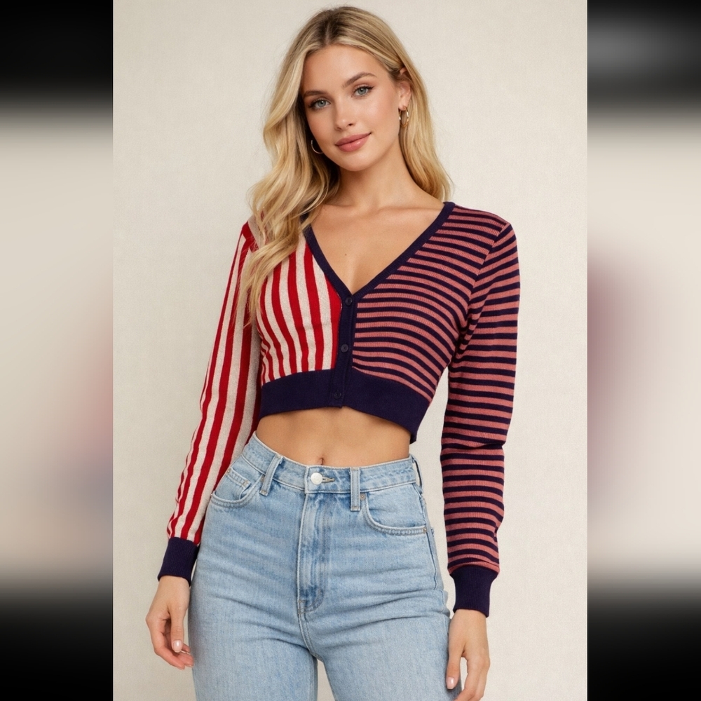 wild fable Red and Navy Striped Cropped Long Sleeve Cardigan